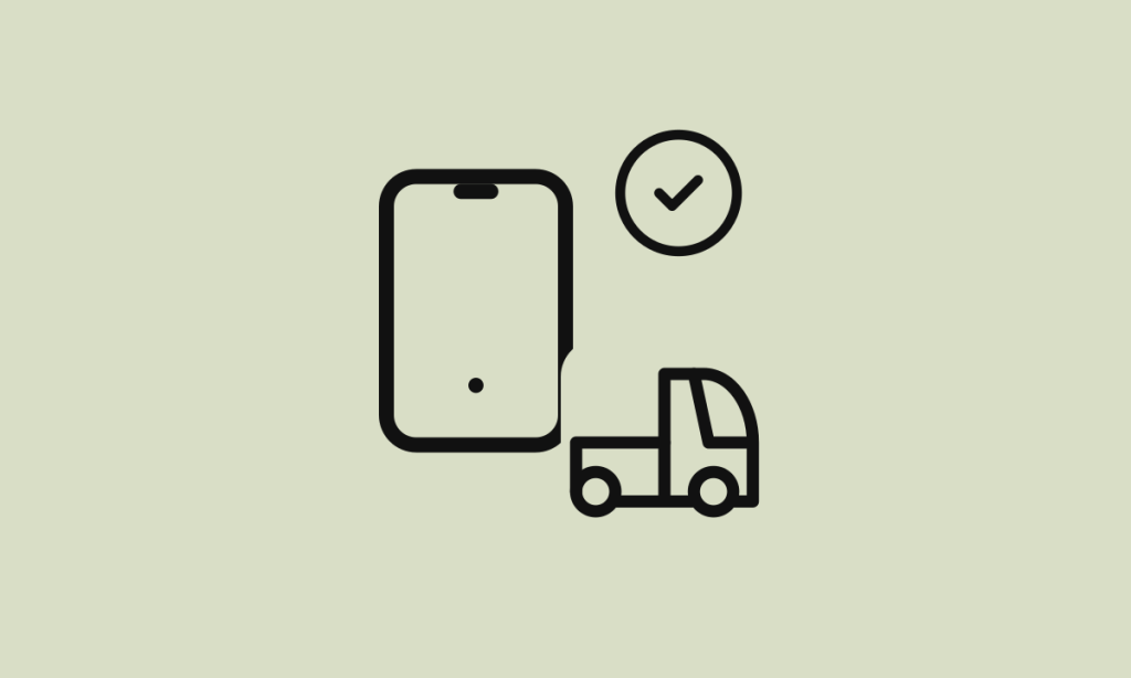 Ilustração de ícone de smartphone com caminhão e sinal de localização sobre fundo colorido, representando o aplicativo do motorista integrado ao TMS