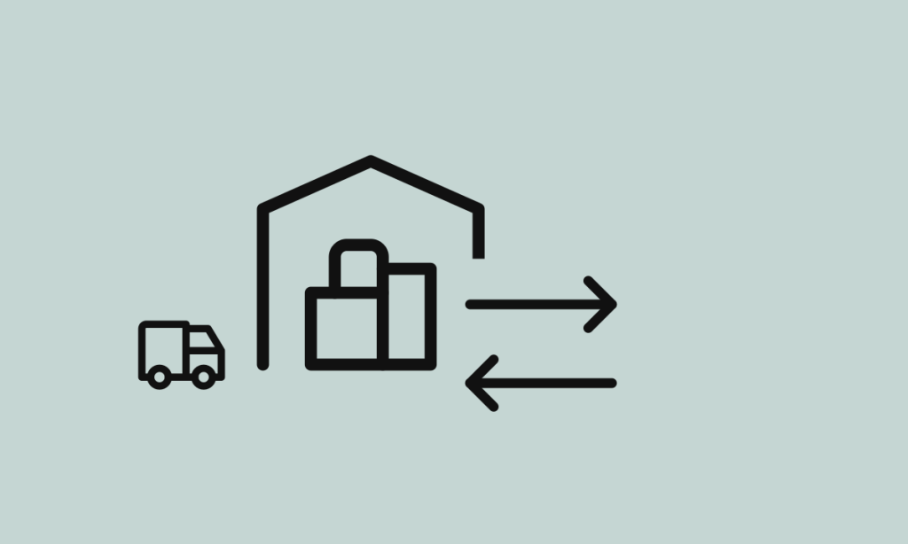 Ícone de armazém ao lado de setas de ida e volta representando o cross docking