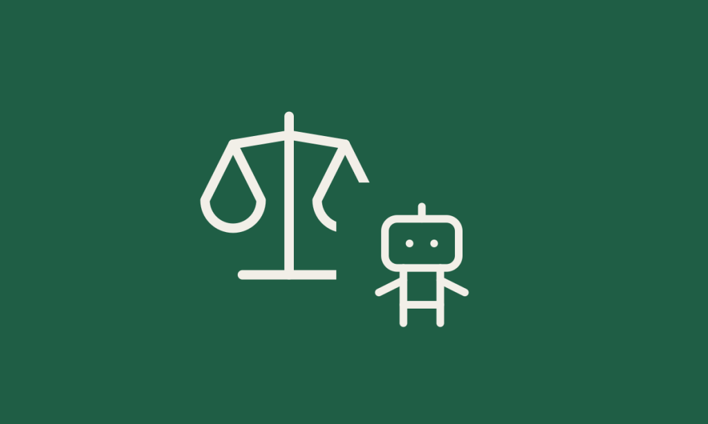 Ícones de balança da justiça e robô sobre fundo verde