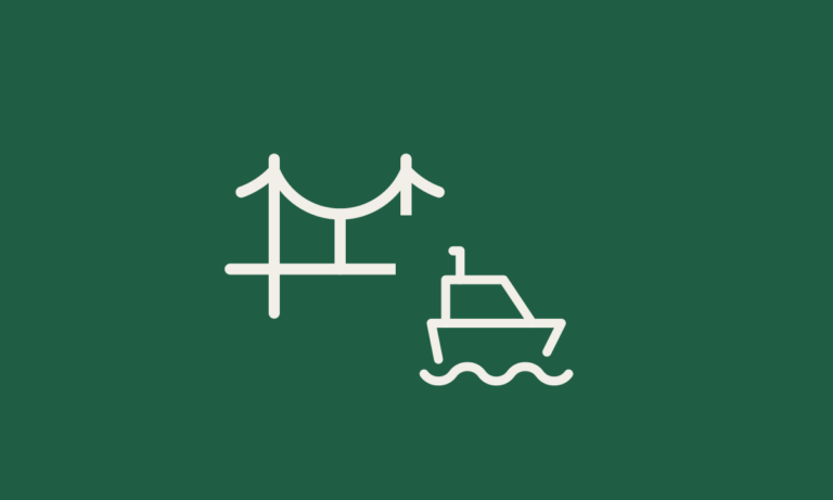Capa com dois ícones lado a lado: uma ponte com sinal de bloqueio e uma balsa sobre a água, representando a travessia alternativa do Rio Guaporé